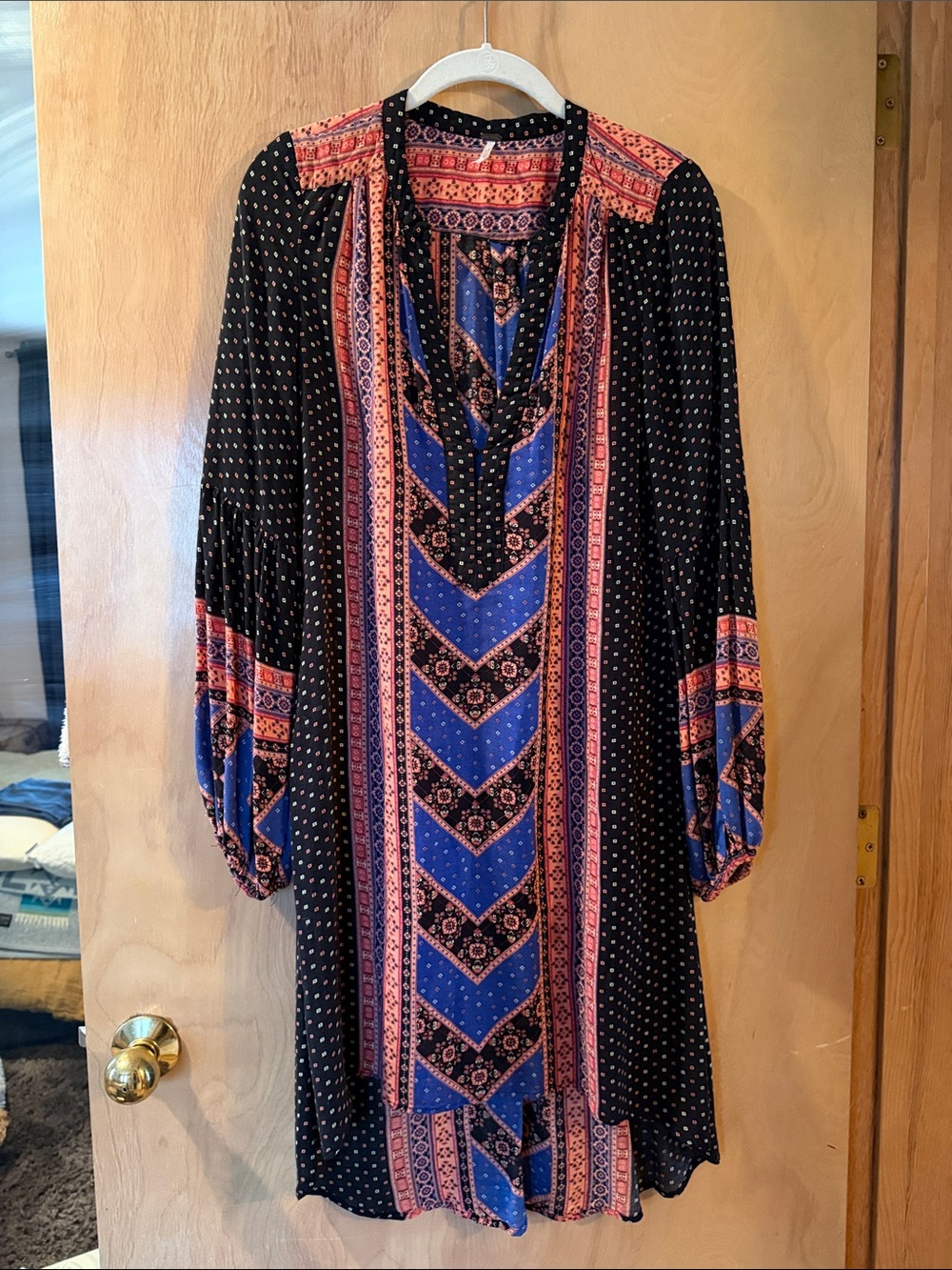 Free People Boho V-Neck Patterned Shift Dress in Black and Blue